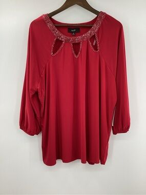 NAIF Beaded Keyhole Neck Red Women's Blouse